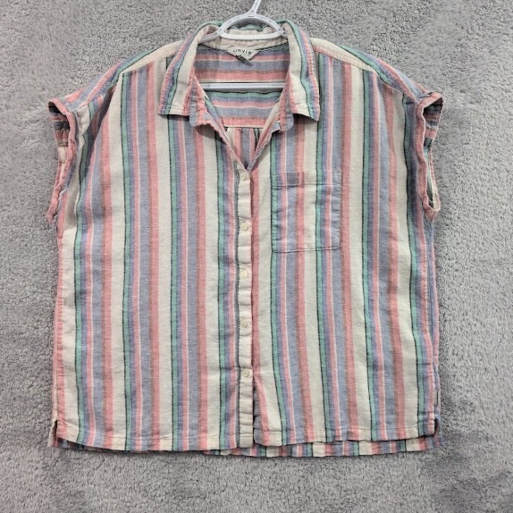 Orvis Button Down Shirt Women's XL Multicolor Striped Linen Blend Cap Sleeve Top